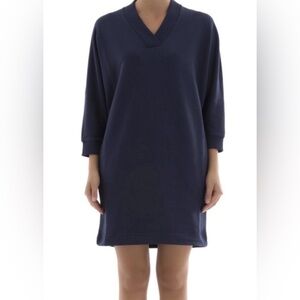 Kenzo Paris V-Neck Sweatshirt Dress XS Navy Logo Across Back 3/4 Sleeves Pockets